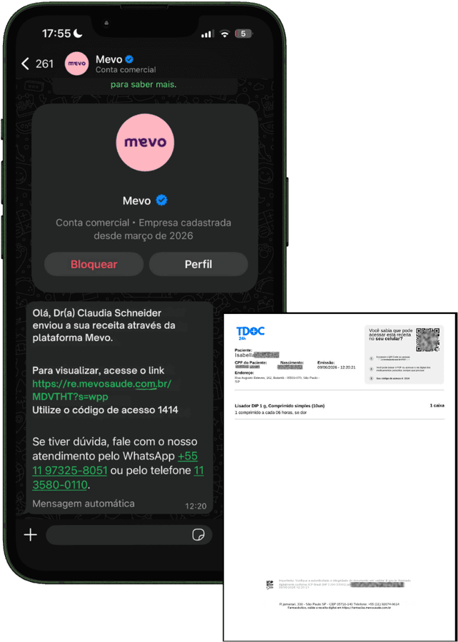 Receita e atestado chegando no WhatsApp e e-mail
