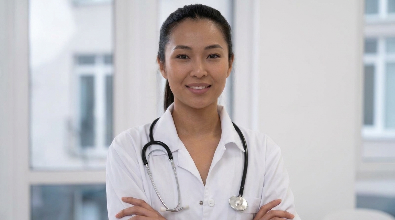 Médica clínica geral sorrindo, pronta para o atendimento por telemedicina